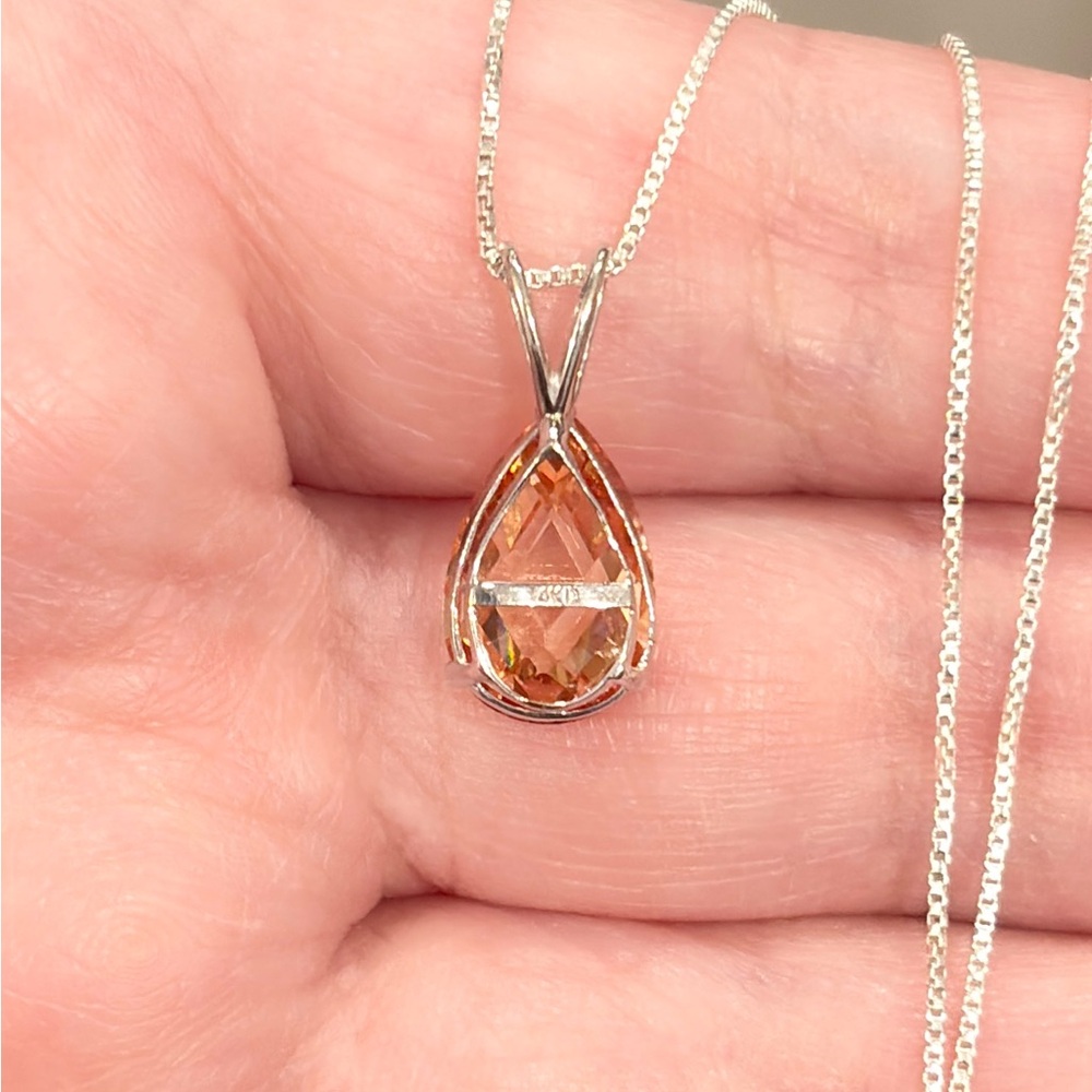 14K Citrine Teardrop Pendant, White Gold, Rose Pear Cut, Yellow Orange Cognac - Picture 15 of 16
